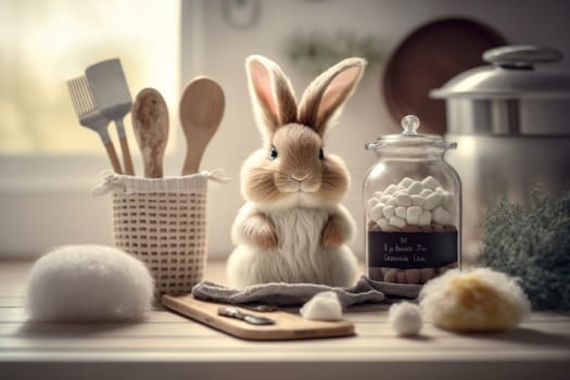 Cute Rabbit with organic domestic sweets on table. Little Bunny for Spring Holiday in the farm kitchen, banner. Generative AI