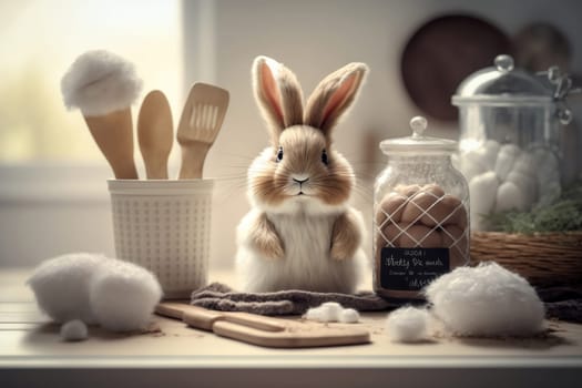 Cute Rabbit with organic domestic sweets on table. Little Bunny for Spring Holiday in the farm kitchen, banner. Generative AI