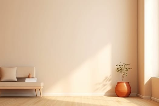 Minimalist living room interior with wooden floor, decor on a large wall. Generative ai.