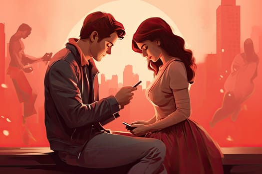 Flat illustration of a couple chatting online with smartphone are dating. Online love search concept.