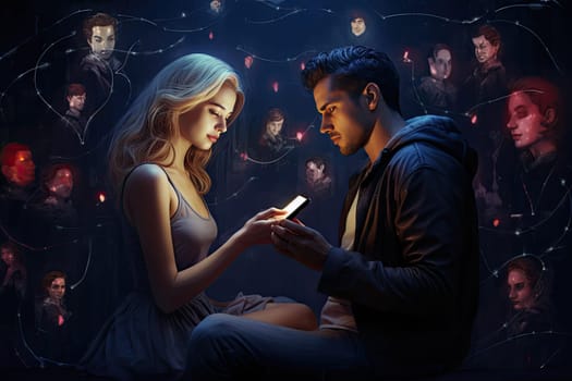 illustration of a couple chatting online with smartphone are dating. Online love search concept.