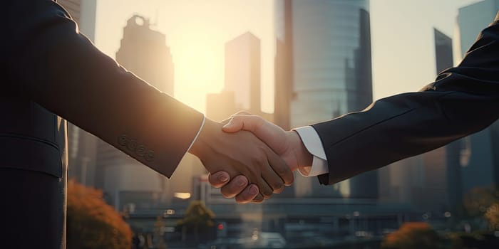 Business handshake between executives, sealing deals with mutual trust and partnership Generative AI.