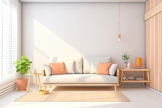 Minimalist living room interior with wooden floor, decor on a large wall. Generative ai.