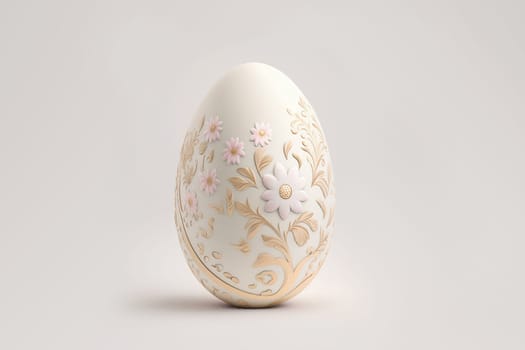 One white easter egg with beautiful gold floral pattern standing on light background. Generative AI.
