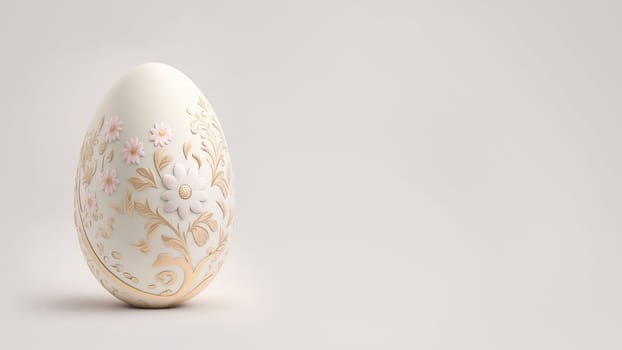 One white easter egg with beautiful gold floral pattern standing on light background. Generative AI.