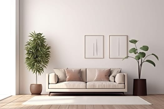 Minimalist living room interior with wooden floor, decor on a large wall. Generative ai.