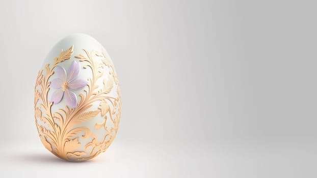 One white easter egg with beautiful gold floral pattern standing on light background. Generative AI.