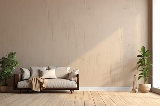 Minimalist living room interior with wooden floor, decor on a large wall. Generative ai.