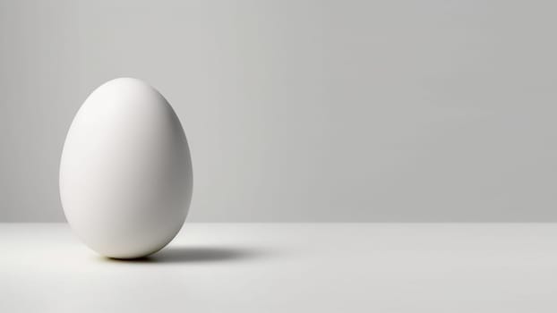 One white easter egg standing on light background, banner with a copyspace. Generative AI