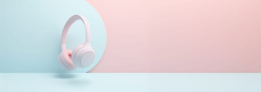 Realistic wireless earphones of trendy color.3d pastel colored background headphone element. Realistic object for music or game concept, poster design, flyer, website. Music audio headphones Copy space Space for text web banner