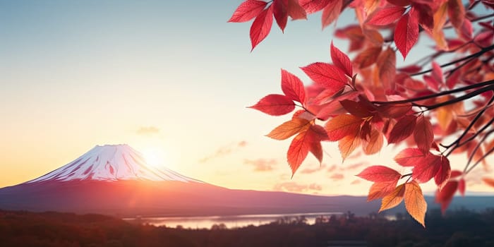 Colorful of autumn leaf spring with fuji mountain background. Generative ai.