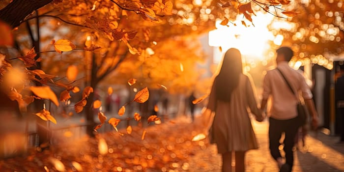 Couple holding hand walking together in autumn park, Generative ai.