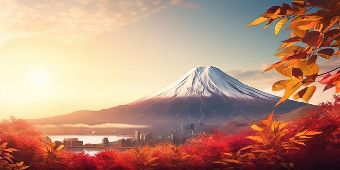 Colorful of autumn leaf spring with fuji mountain background. Generative ai.