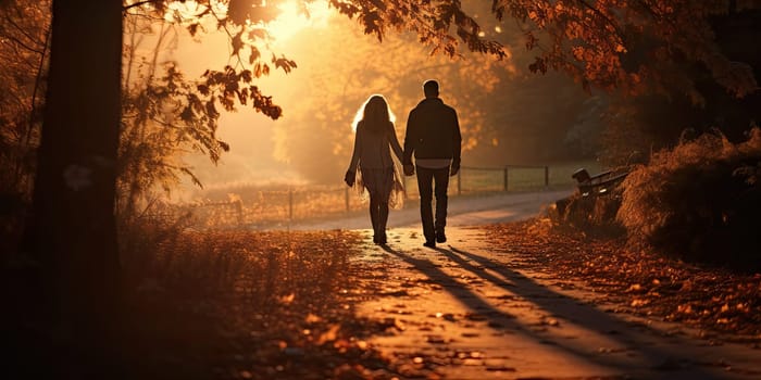 Couple holding hand walking together in autumn park, Generative ai.