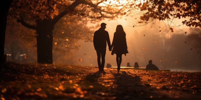 Couple holding hand walking together in autumn park, Generative ai.