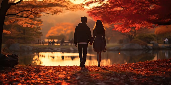 Couple holding hand walking together in autumn park, Generative ai.