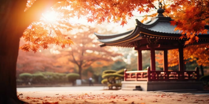 Autumn forest path. Orange color tree, red brown maple leaves in fall city park. Japanese culture. Generative Ai.