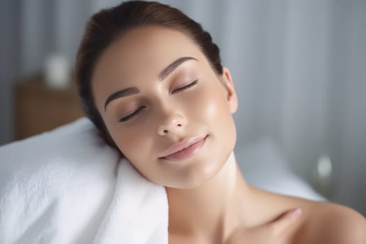 Portrait of smiling woman enjoying beauty treatment on beige background. AI Generated