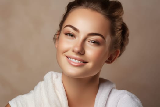 Portrait of smiling woman enjoying beauty treatment on beige background. AI Generated