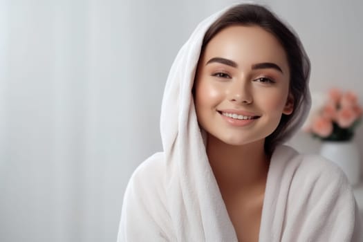 Portrait of smiling woman enjoying beauty treatment on beige background. AI Generated