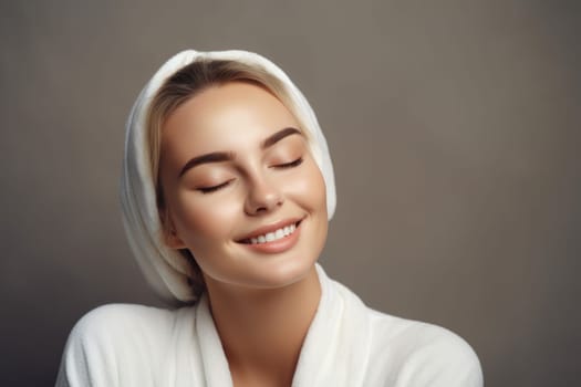 Portrait of smiling woman enjoying beauty treatment on beige background. AI Generated