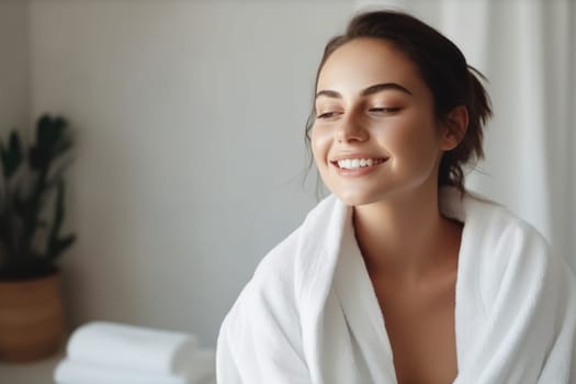 Portrait of smiling woman enjoying beauty treatment on beige background. AI Generated