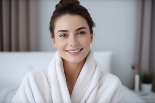 Portrait of smiling woman enjoying beauty treatment on beige background. AI Generated