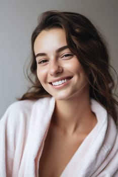 Portrait of smiling woman enjoying beauty treatment on beige background. AI Generated
