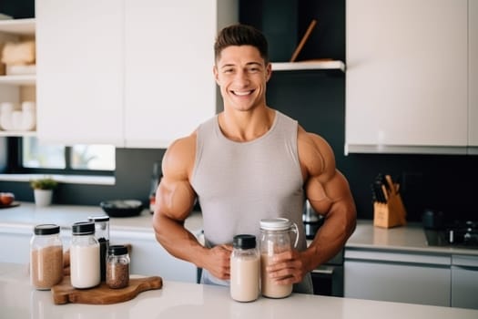 Young Arab guy drinking protein shake from bottle at kitchen, copy space. Millennial Eastern man using meal replacement for weight loss, AI Generated