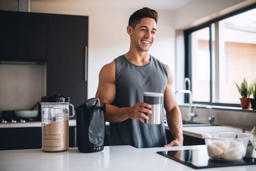 Young Arab guy drinking protein shake from bottle at kitchen, copy space. Millennial Eastern man using meal replacement for weight loss, AI Generated