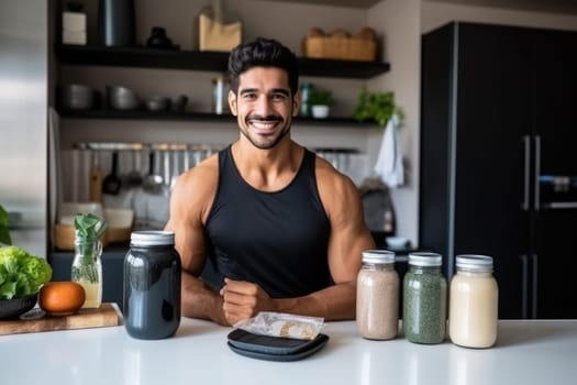 Young Arab guy drinking protein shake from bottle at kitchen, copy space. Millennial Eastern man using meal replacement for weight loss, AI Generated