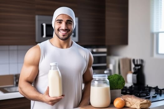 Young Arab guy drinking protein shake from bottle at kitchen, copy space. Millennial Eastern man using meal replacement for weight loss, AI Generated