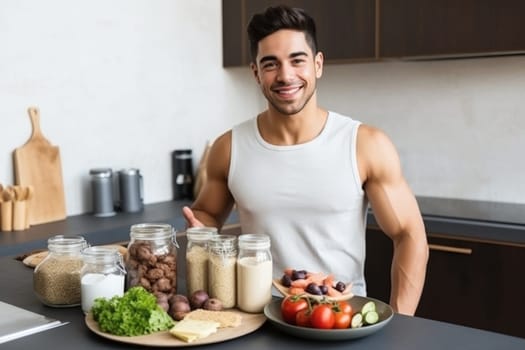 Young Arab guy drinking protein shake from bottle at kitchen, copy space. Millennial Eastern man using meal replacement for weight loss, AI Generated