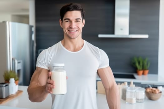 Young Arab guy drinking protein shake from bottle at kitchen, copy space. Millennial Eastern man using meal replacement for weight loss, AI Generated