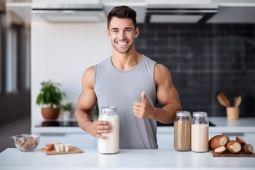 Young Arab guy drinking protein shake from bottle at kitchen, copy space. Millennial Eastern man using meal replacement for weight loss, AI Generated