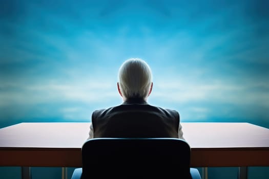 Rear view of senior man sitting on armchair and looking through the window. Lonely old man sitting at home near window during covid19 outbreak. Thoughtful retired man abandoned at nursing home.