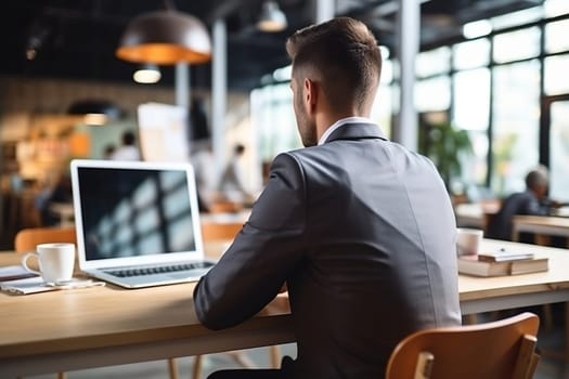 A man in a business suit with a laptop sits in a cafe. Back view. Remote work concept.