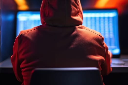 A hooded hacker sits at a table with a computer. Hacking and malware concept.