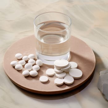 Collagen powder and pills on wooden tray. AI Generated