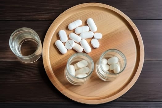 Collagen pills and glass of water on wooden tray , natural background. AI Generated