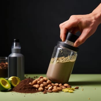 hands holding bottle with plant based protein on green and black background , copy space. AI Generated