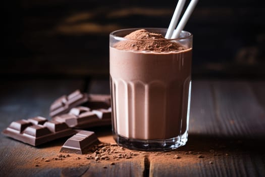 Food supplements. Healthy chocolate protein shake drink with straw, and protein powder. AI Generated