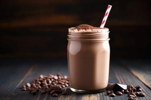 Food supplements. Healthy chocolate protein shake drink with straw, and protein powder. AI Generated