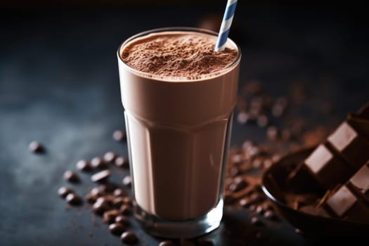 Food supplements. Healthy chocolate protein shake drink with straw, and protein powder. AI Generated