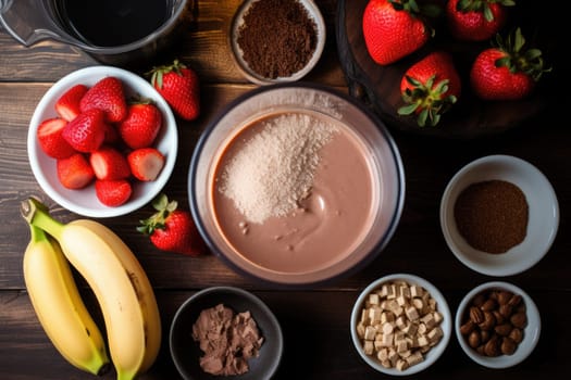 Food supplements. making chocolate protein shake drink from powder, banana, strawberries in blender, top view. AI Generated