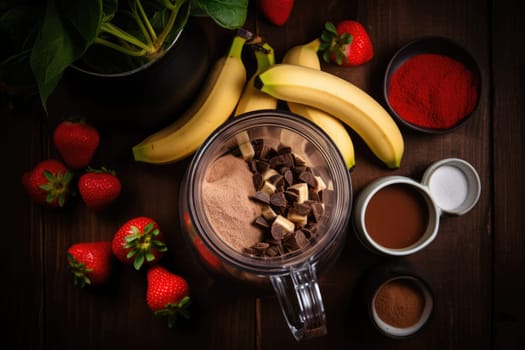 Food supplements. making chocolate protein shake drink from powder, banana, strawberries in blender, top view. AI Generated