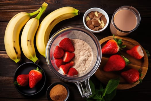 Food supplements. making chocolate protein shake drink from powder, banana, strawberries in blender, top view. AI Generated