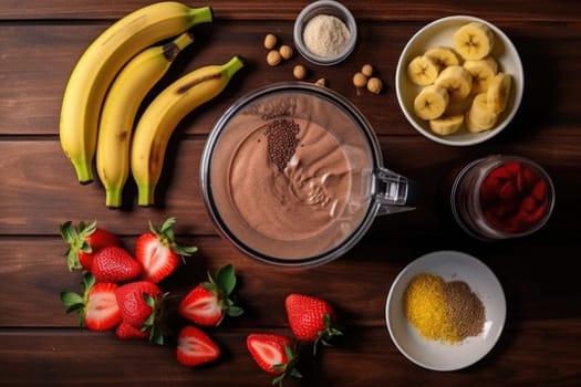 Food supplements. making chocolate protein shake drink from powder, banana, strawberries in blender, top view. AI Generated