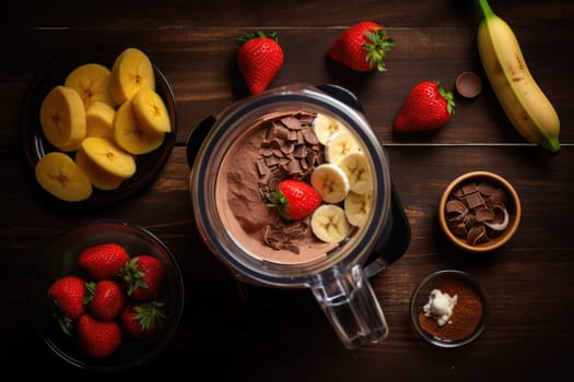 Food supplements. making chocolate protein shake drink from powder, banana, strawberries in blender, top view. AI Generated