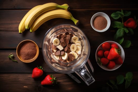 Food supplements. making chocolate protein shake drink from powder, banana, strawberries in blender, top view. AI Generated